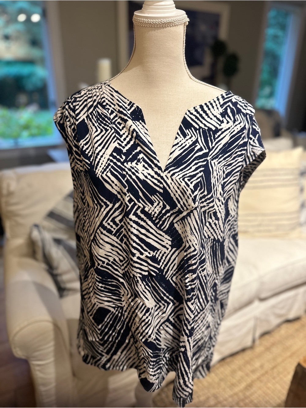 Trina Turk Navy & White Geometric V-Neck Camisole